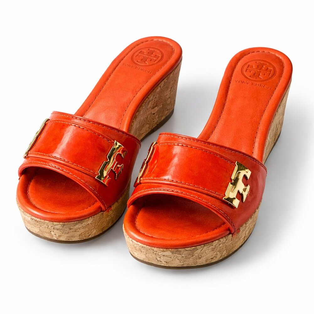 Tory Burch Orange Patent Leather Cork Wedge Slide Sandals Size 7.5